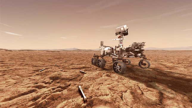 Artist’s conception of Mars 2020 rover after dropping soil samples containing Martian soil samples on the surface. 