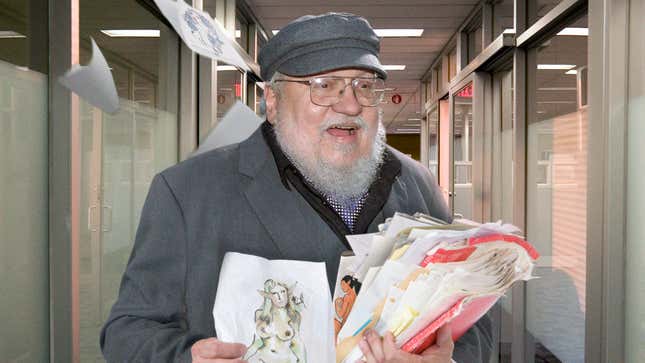 Image for article titled The Con Pays Off: After Years Of Feigning Interest, George R.R. Martin Has Bolted From The ‘Elden Ring’ Offices With All The Topless Elf Concept Art His Arms Can Carry