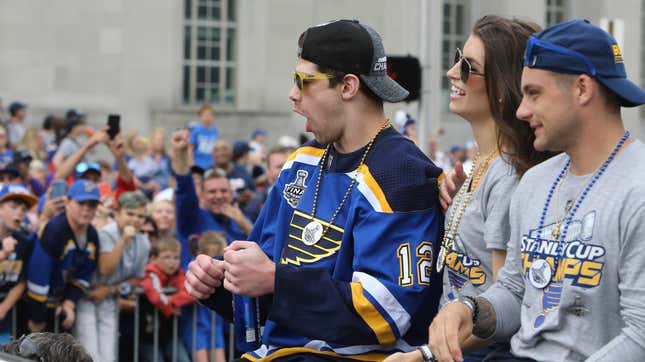 Image for article titled Zach Sanford Barfs All Over Himself During Blues Stanley Cup Victory Parade