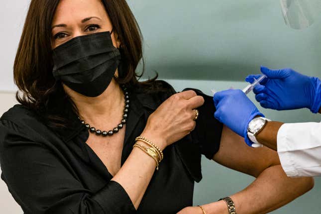 Vice President-elect Kamala Harris is administered the Moderna COVID-19 vaccine by Registered Nurse Patricia Cummings at the United Medical Center on December 29, 2020 in Washington, DC. This is the Vice President-elects first of two doses of the Moderna vaccine which was given emergency use authorization by the Food and Drug Administration less than two weeks ago. 