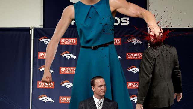 Image for article titled Peyton Manning’s 14-Foot-Tall Wife Crushes Skull Of Sports Journalist Asking About HGH