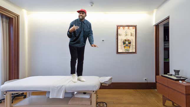 Image for article titled Kanye West Jumps On Massage Table To Deliver Speech About Relaxation