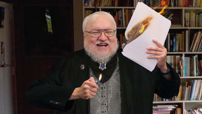 Image for article titled New ‘Game Of Thrones’ Teaser Shows Cackling, Power-Mad George R.R. Martin Burning Completed ‘Winds Of Winter’ Manuscript
