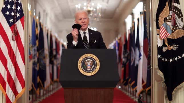 President Joe Biden gives a primetime address to the nation from the East Room of the White House on March 11, 2021 to mark the one-year anniversary of the shutdown due to the covid-19 pandemic. 