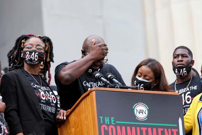 Philonise Floyd, the brother of George Floyd, who was killed in police custody in Minneapolis, reacts as he speaks at the Lincoln Memorial during the Commitment March on August 28, 2020, in Washington, DC. 