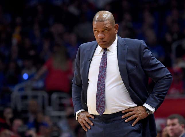 Doc Rivers of the LA Clippers looks on in the game against the Golden State Warriors during Game Two of Round One of the 2019 NBA Playoffs at Staples Center on April 18, 2019 in Los Angeles, California.