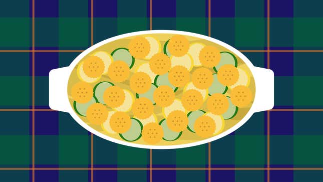 Illustration of squash casserole with Ritz crackers
