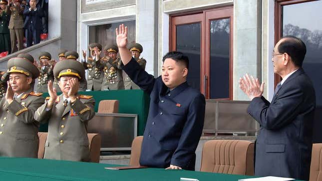 Thousands cheer Dear Leader Kim Jong-un’s triumph of being the first man to walk on the moon.