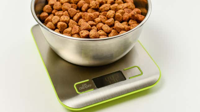 A metal bowl of dry dog food sitting on a digital kitchen scale
