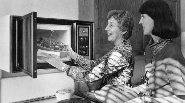 Two women remove a roast from a microwave oven