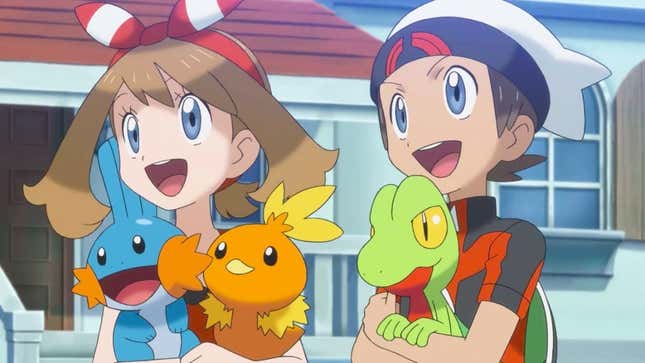 May and Brendan are seen holding Mudkip, Torchic, and Treecko.