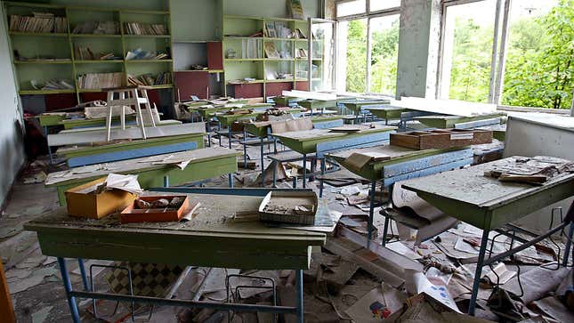 A view of an abandoned classroom on May, 26 2003, in the ghost town of Pripyat, adjacent to the Chernobyl nuclear site.