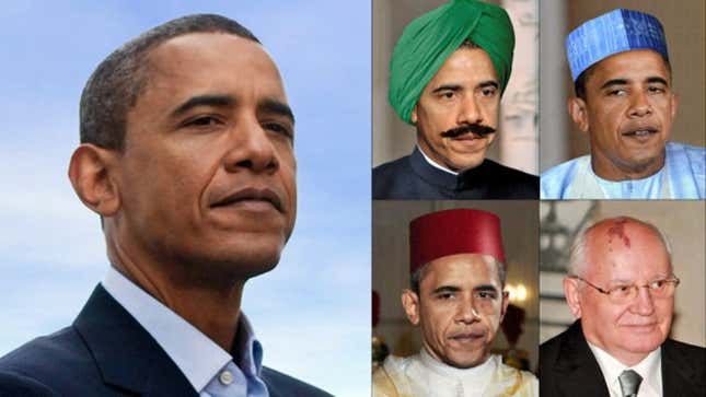 Barack Obama as he appeared to millions of Americans, along with four of the president-elect&#39;s former disguises.