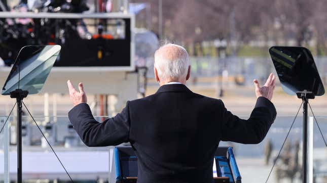 President Joe Biden gives his inaugural address on Jan. 20.