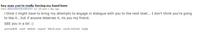 One of the messages sent before the inbox was “black holed.”