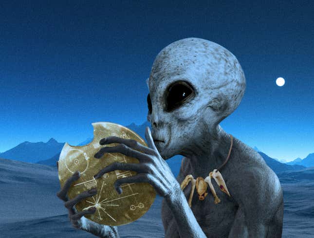 Image for article titled Confused Primitive Extraterrestrial Shrugs, Take Huge Bite Of Golden Record