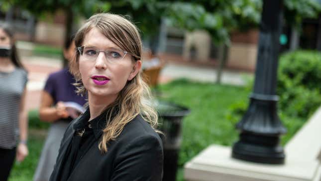 Former military intelligence analyst Chelsea Manning speaks to the press ahead of a Grand Jury appearance about WikiLeaks, in Alexandria, Virginia, on May 16, 2019. 