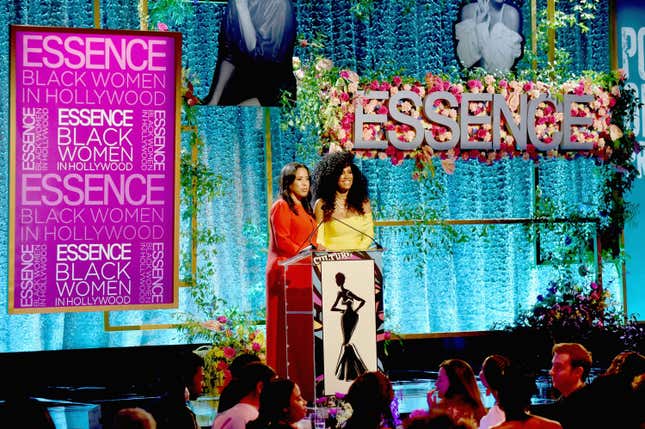  Essence Communications President Michelle Ebanks (L) and Essence Chief Content &amp; Creative Officer Moana Luu speak onstage during the 2019 Essence Black Women in Hollywood Awards Luncheon at Regent Beverly Wilshire Hotel on February 21, 2019 in Los Angeles, California.