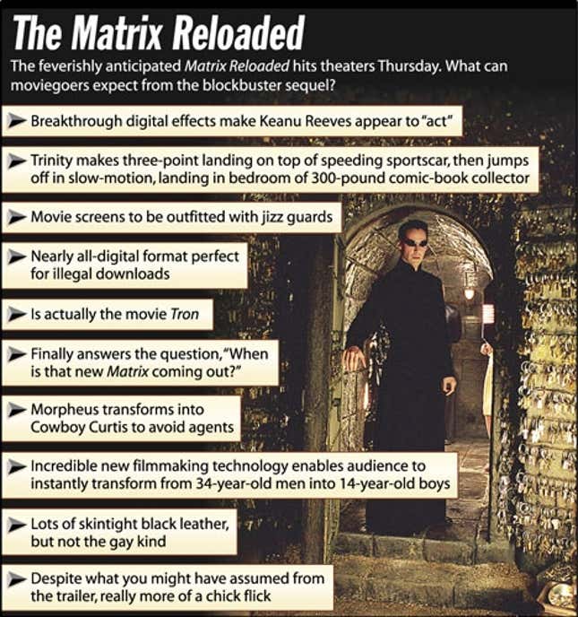 The feverishly anticipated Matrix Reloaded hits theaters Thursday. What can moviegoers expect from the blockbuster sequel?