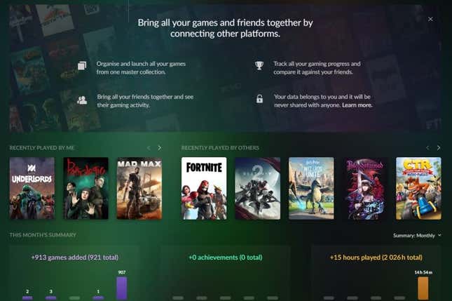 La pestaña de ‘Recientes’ del GOG Galaxy 2.0