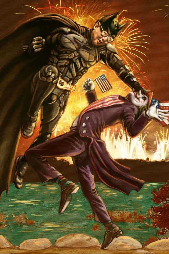 Image for article titled National Batman Hero displays both force and compassion in his destruction of USA Laugh Nemesis.