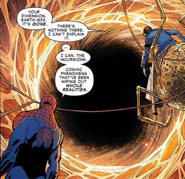 El Momento en el que Spider-UK descubre que su realidad ha desaparecido en una incursión.