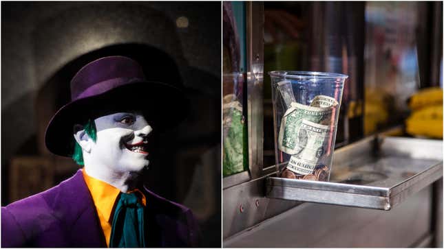 Image for article titled Some asshole is running around Toronto dressed as the Joker stealing tip jars