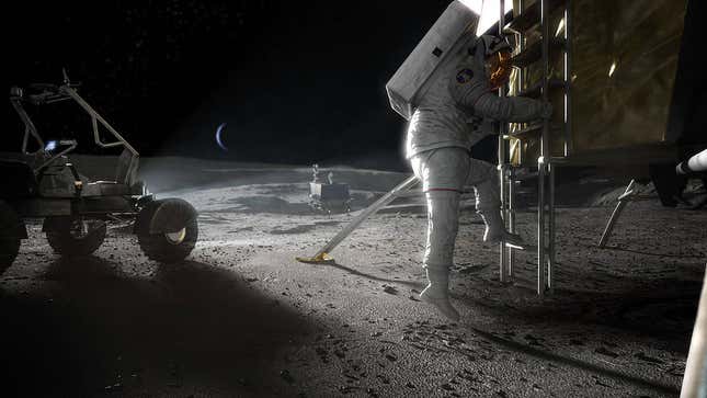 Concept image showing an Artemis astronaut stepping onto the lunar surface.