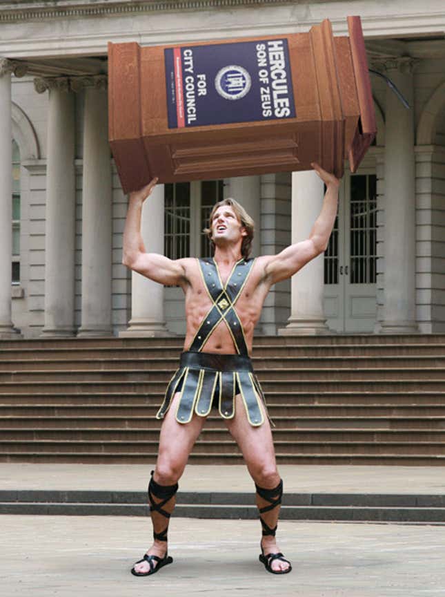 Hercules, son of Zeus, outlines his plan for funding the new pedestrian overpass on Maple Street.
