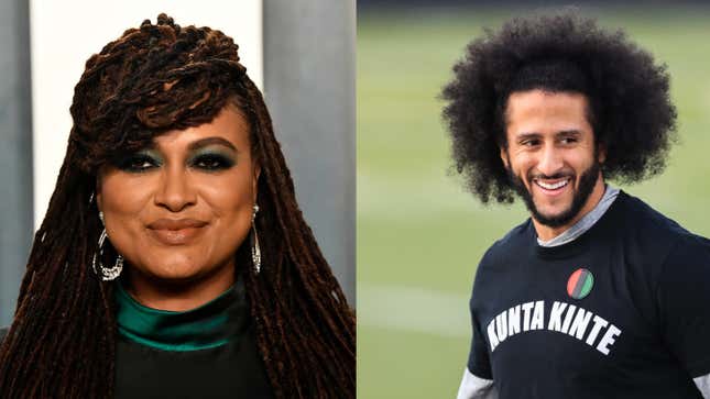 Ava DuVernay attends the 2020 Vanity Fair Oscar Party on February 09, 2020, in Beverly Hills, Calif.; Colin Kaepernick during a private NFL workout on November 16, 2019, in Riverdale, Georgia. 