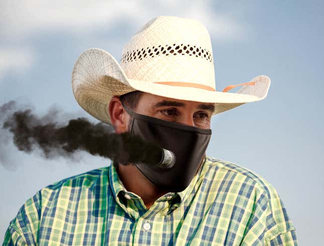 Image for article titled Texan Man Outfits Face Mask With Exhaust Pipe To Roll Coal