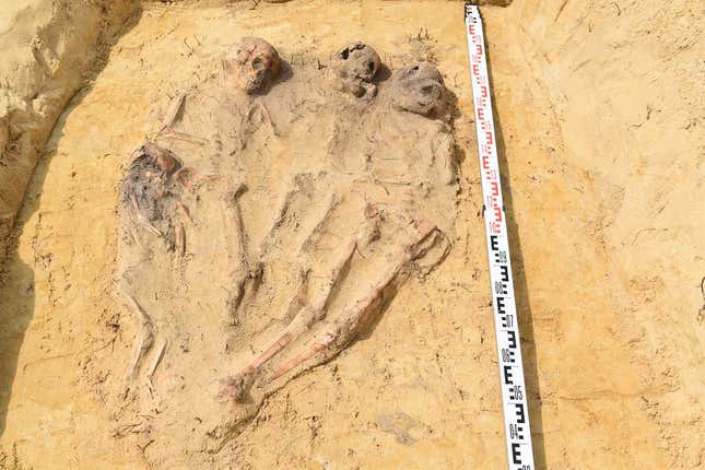 A grave containing four children, laid side-by-side, with legs and feet meeting together.