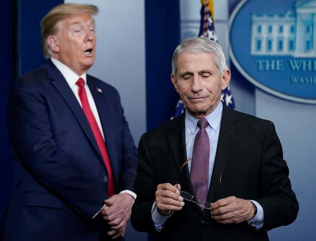 Dr. Anthony Fauci, director of the National Institute of Allergy and Infectious Diseases, and U.S. President Donald Trump participate in the daily coronavirus task force briefing at the White House on April 22, 2020, in Washington, DC.