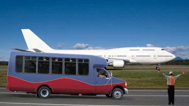 A new shuttle bus prepares for takeoff.