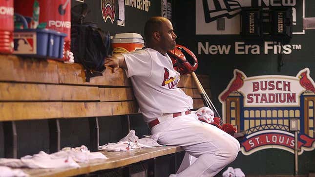 Image for article titled Albert Pujols Embarrasses Cardinals By Returning To Dugout With First Base Stuck On Bottom Of Shoe