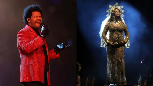 The Weeknd performs during halftime of NFL Super Bowl 55, Sunday, Feb. 7, 2021; Beyonce performs at the 59th annual Grammy Awards on Feb. 12, 2017.
