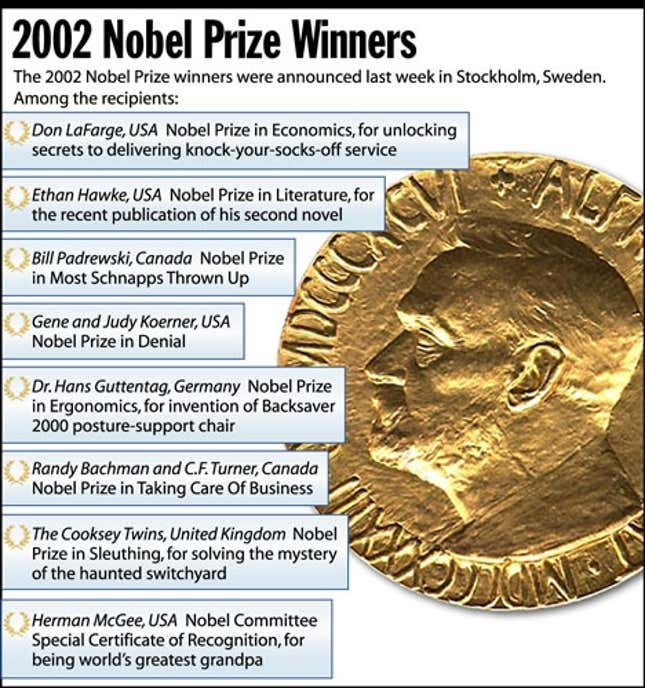 The 2002 Nobel Prize winners were announced last week in Stockholm, Sweden.