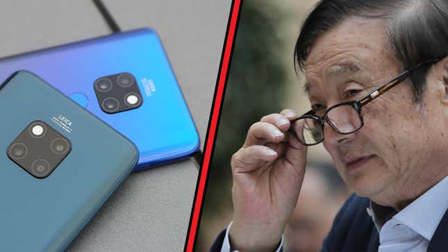 Left: Huawei P20 Pro smartphone. Right: Ren Zhengfei, founder and CEO of Huawei.