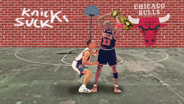 Michael Jordan and the Bulls were more like schoolyard kids playing a game of keep away with the flailing Knicks and guard John Starks. Instead of a ball, they played with Larry O’Brien trophies.