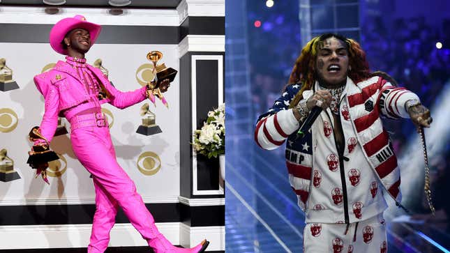 Lil Nas X poses in the press room during the 62nd Annual GRAMMY Awards on January 26, 2020; 6ix9ine, or Tekashi 69, performs during the Philipp Plein fashion show on September 21, 2018. 