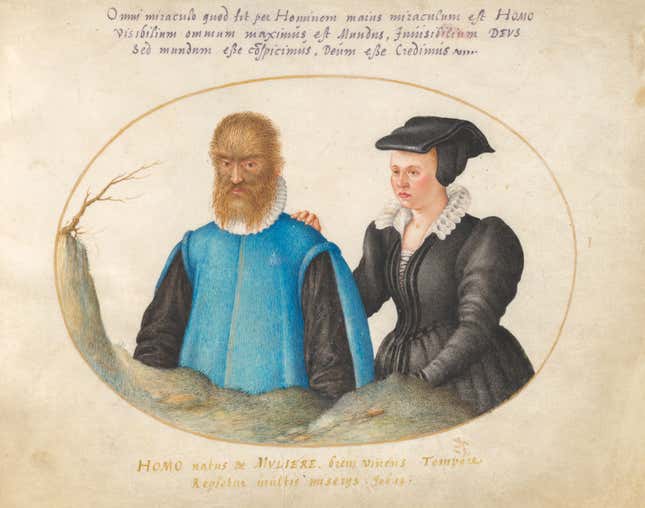 Petrus Gonsalvus and his wife Catherine depicted by Joris Hoefnagel among animals in an early book of zoology.