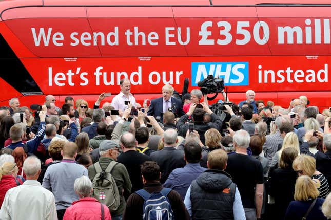 Boris Johnson during the Vote Leave, Brexit Battle Bus tour on May 17, 20016 in Stafford, England.
