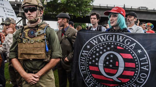 A QAnon banner at a far-right rally in August 2019 in Portland, Oregon.