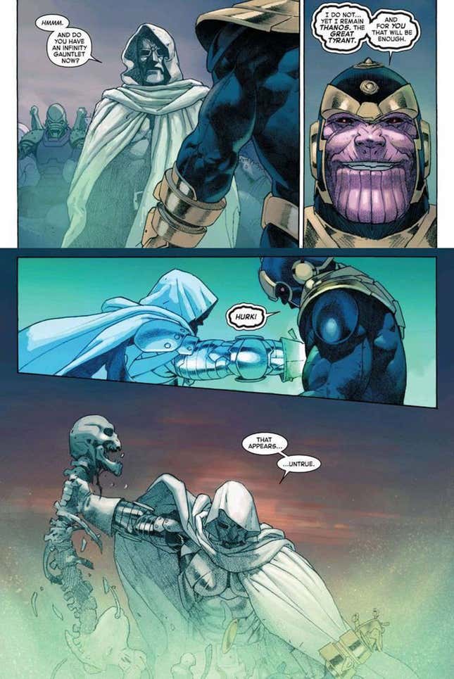 Recordemos aquella ocasión en la que el Dr. Doom le arrancó a Thanos la espina dorsal en Secret Wars.