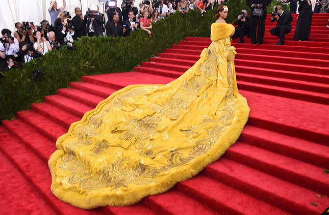 Rihanna arrives at the Metropolitan Museum of Art’s Costume Institute Gala themed China: Through the Looking Glass on May 4, 2015, in New York.