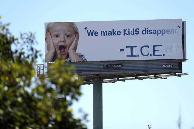  A vandalized 1-800-GOT-JUNK billboard shows a message in in protest with the Immigration and Customs Enforcement (ICE) and their participation in separating children from their parents trying to enter the U.S. from Mexico on June 21, 2018 in Emeryville, California.