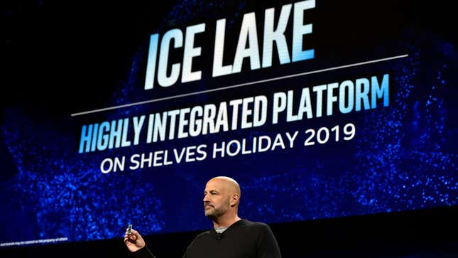 Intel Senior Vice President Gregory Bryant showing off an Ice Lake chip during an Intel press event at CES 2019.