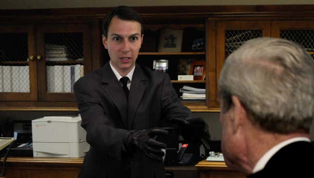 Image for article titled ‘I’ll Have To Obstruct One Last Thing,’ Whispers Jared Kushner Before Wrapping Gloved Hands Around Mueller’s Neck