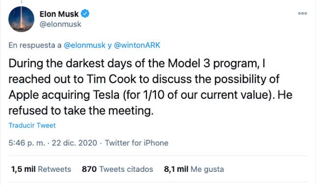 Imagen para el artículo titulado Elon Musk dice que ofreció vender Tesla a Apple pero Tim Cook rechazó reunirse