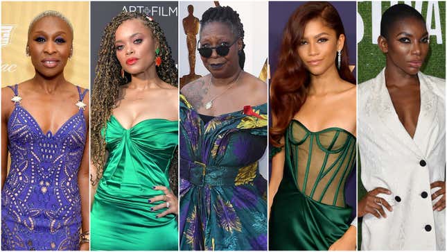 Cynthia Erivo att the American Black Film Festival Honors Awards Ceremony on February 23, 2020 in Beverly Hills, California; Andra Day attends 2018 LACMA Art + Film Gala on November 3, 2018 in Los Angeles, California; Whoopi Goldberg at the 90th Annual Academy Awards on March 4, 2018 in Hollywood, California; Zendaya attends the 71st Emmy Awards on September 22, 2019 in Los Angeles, California; Michaela Coel at the 62nd BFI London Film Festival on October 12, 2018 in London, England.
